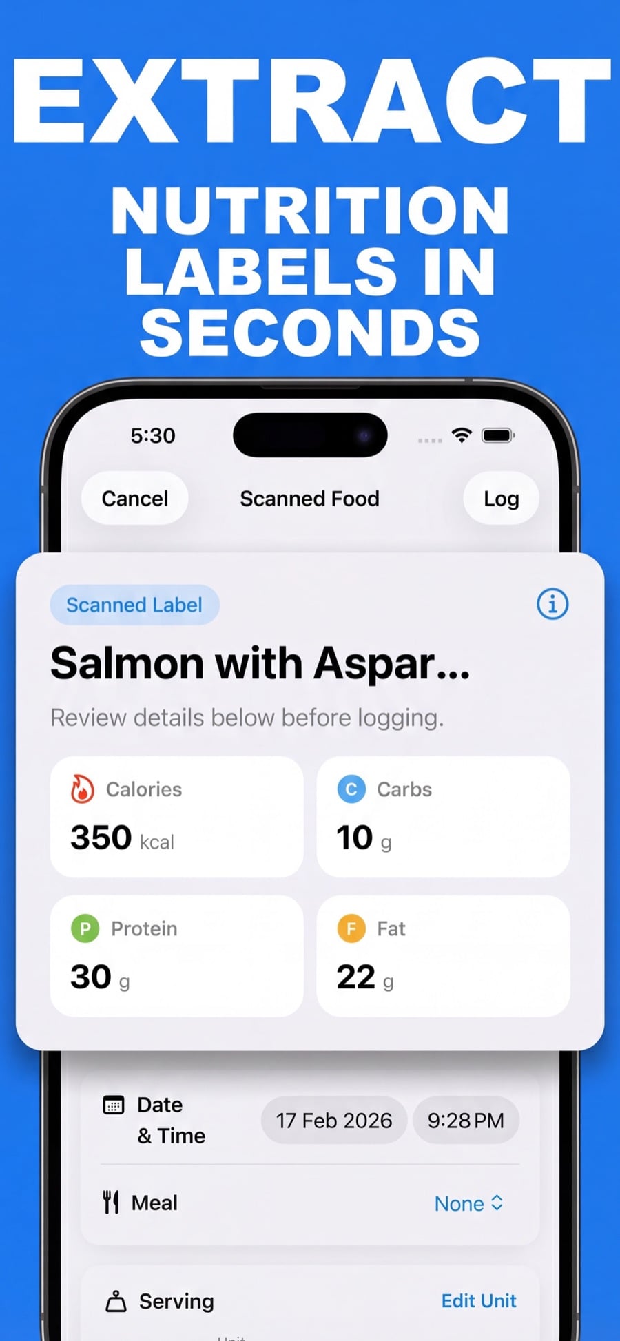 Scanned nutrition label values ready to review and log