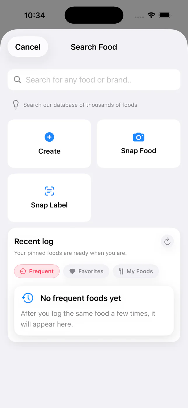 Search Food screen before a search