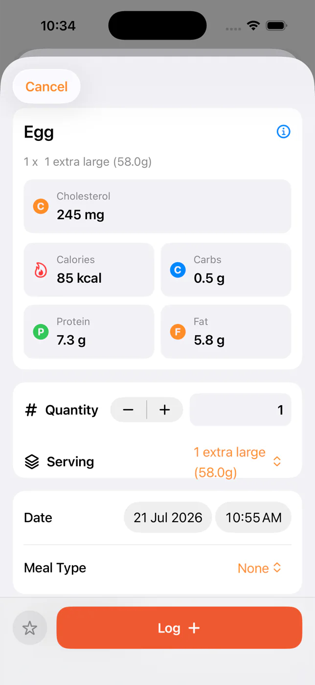 Egg details with quantity serving date meal and Log button