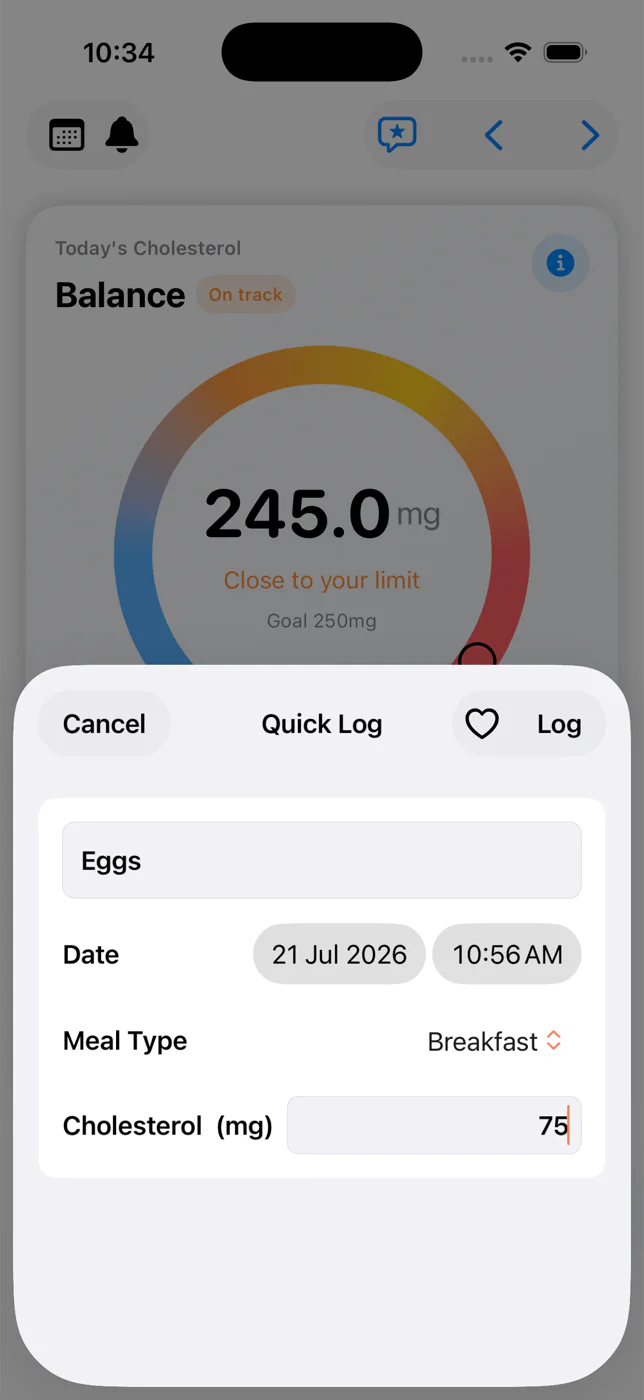 Quick Log filled with Eggs Breakfast and 75 milligrams