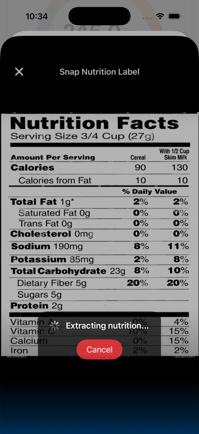 Nutrition label extraction in progress