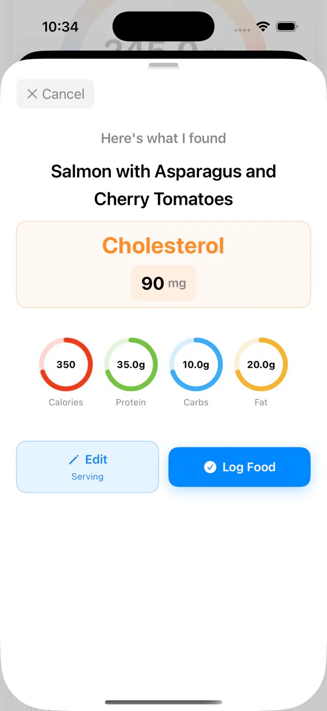 Snap Food result with Edit and Log Food buttons