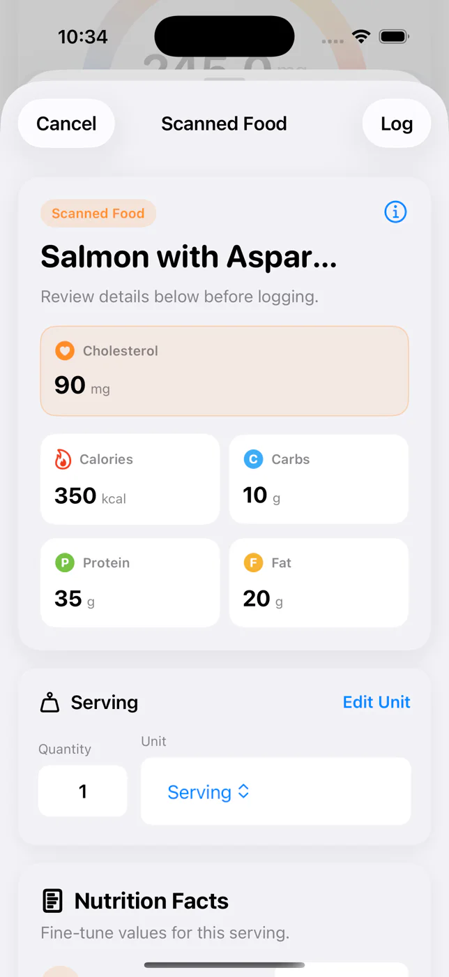 Scanned Food editor with serving and nutrition fields