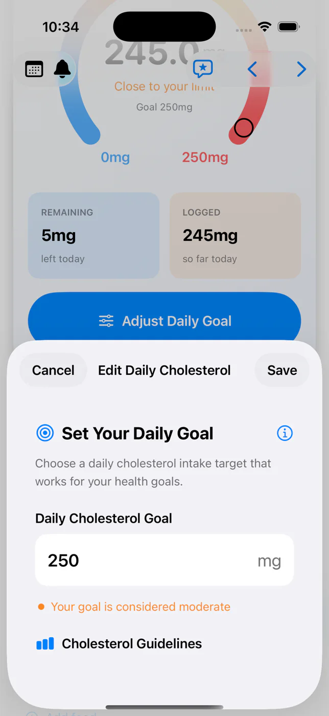 Edit Daily Cholesterol screen with a 250 milligram goal